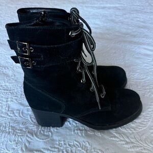 Black Faux Leather Lace Up Combat Boots with Block Heels. Size 10